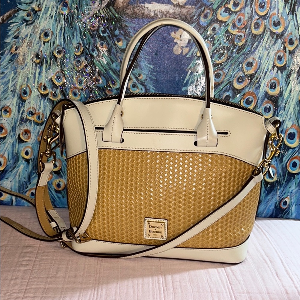 Dooney & Bourke Cream Leather and Tan Woven Structured 2 Way Satchel